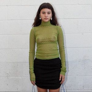 SOLD Hot green two toned mesh polka dot long sleeve sheer top turtle neck